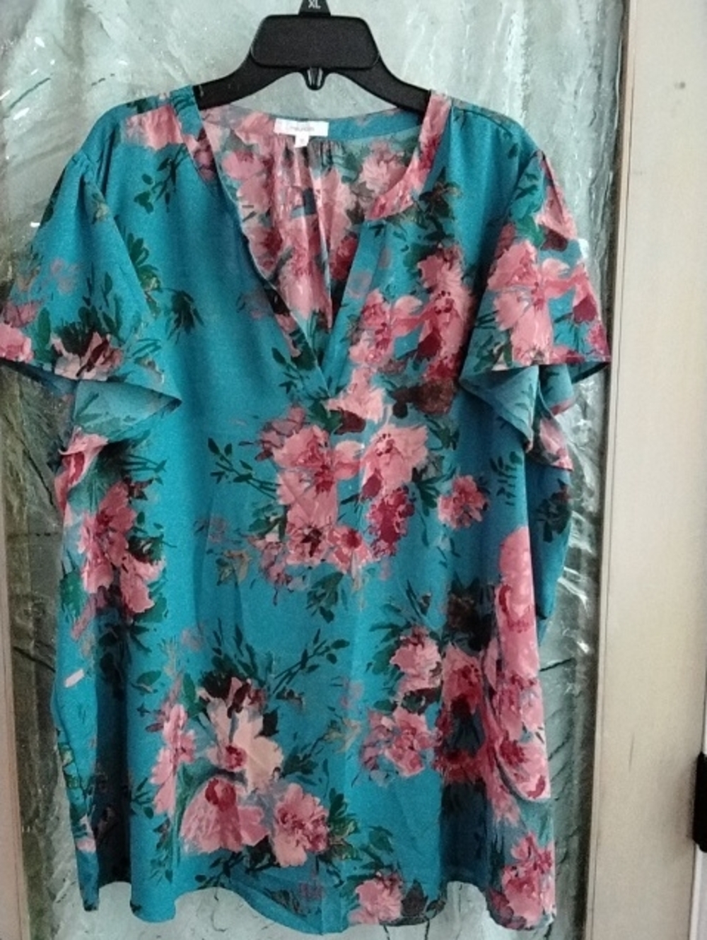 Maurices Teal Floral V-Neck Flutter Sleeve Blouse
